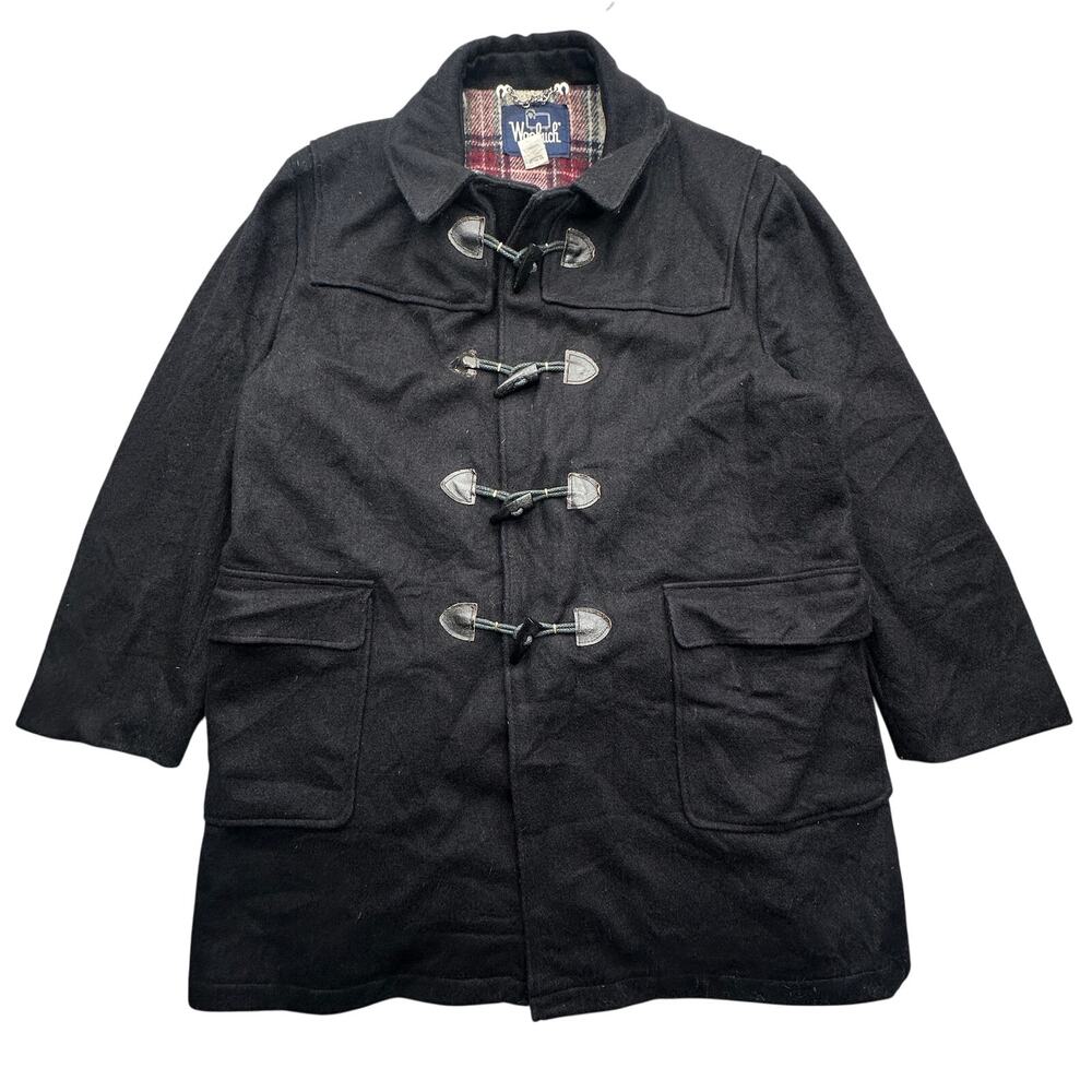 Vintage Woolrich Duffle Wool Coat Mens XL 44 Black Toggles Plaid Lined Pockets